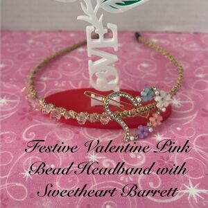 Festive Valentine Pink Beads Headband With Sweetheart Gold Barrett